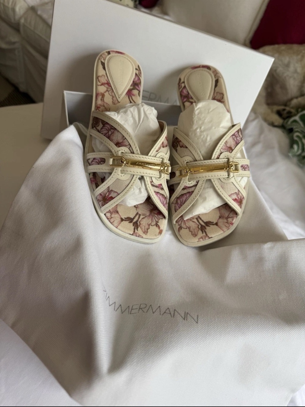 Zimmerman Prisma Hibiscus coral  Floral Print Linen Slide Sandal, Size 38 - Picture 2 of 10